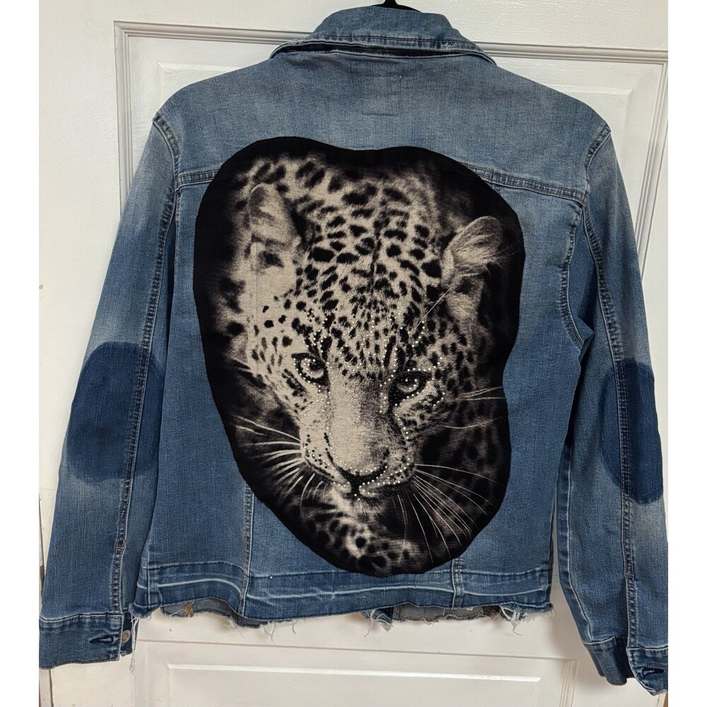 Upcycled Leopard Print Blue Denim Jean Jacket Women’s Small Grunge Retro Hippie